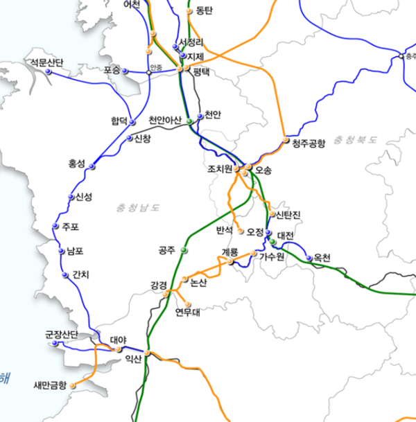 충청권 철도망의 현재 및 계획(지도=국토교통부)